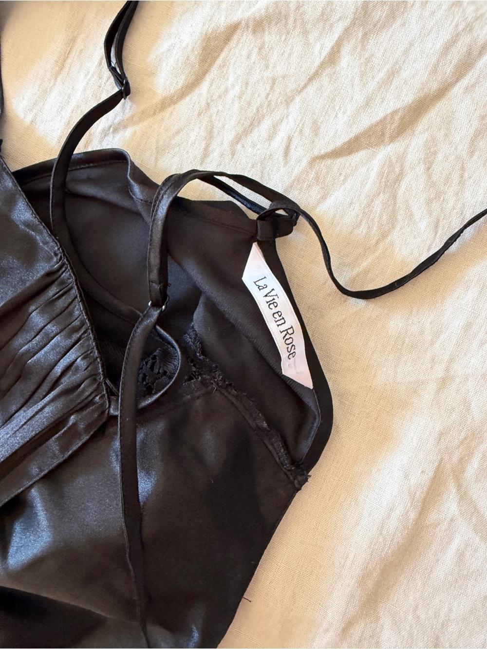 La vie en rose Lace-Accent Black Satin Slip Dress with Thigh Slit small - Picture 10 of 14